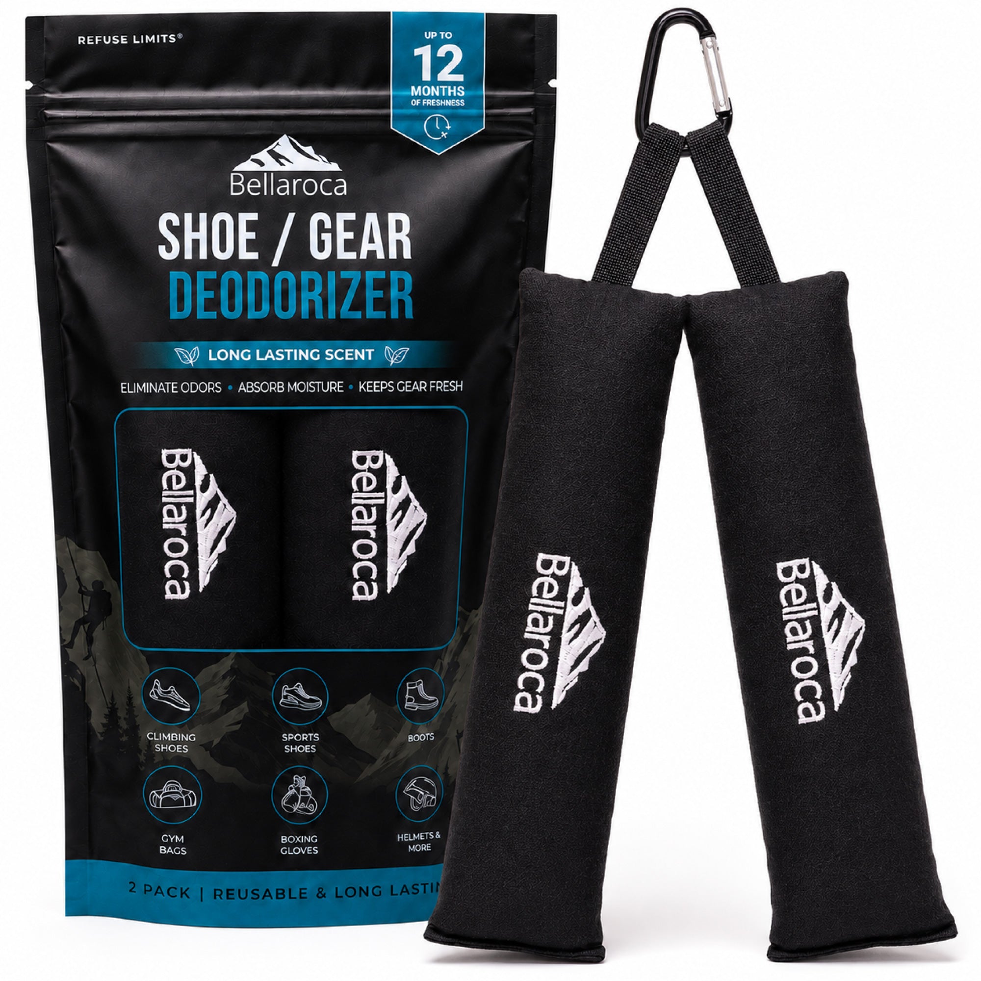 Bellaroca Shoe & Gear Deodorizer, 2-pack pouches with carabiner